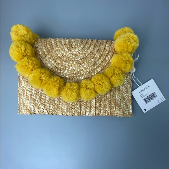 Shiraleah straw clutch with yellow pom pom balls fully lined NWT - Picture 3 of 8